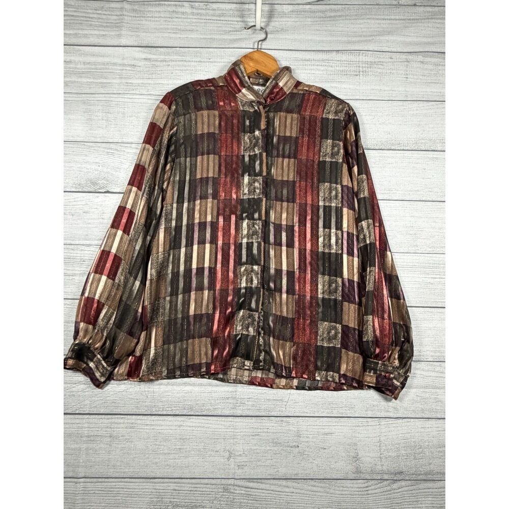 Vintage Yves St Clair Womens 12 Plaid Metallic Polyester Blouse Korea 4145